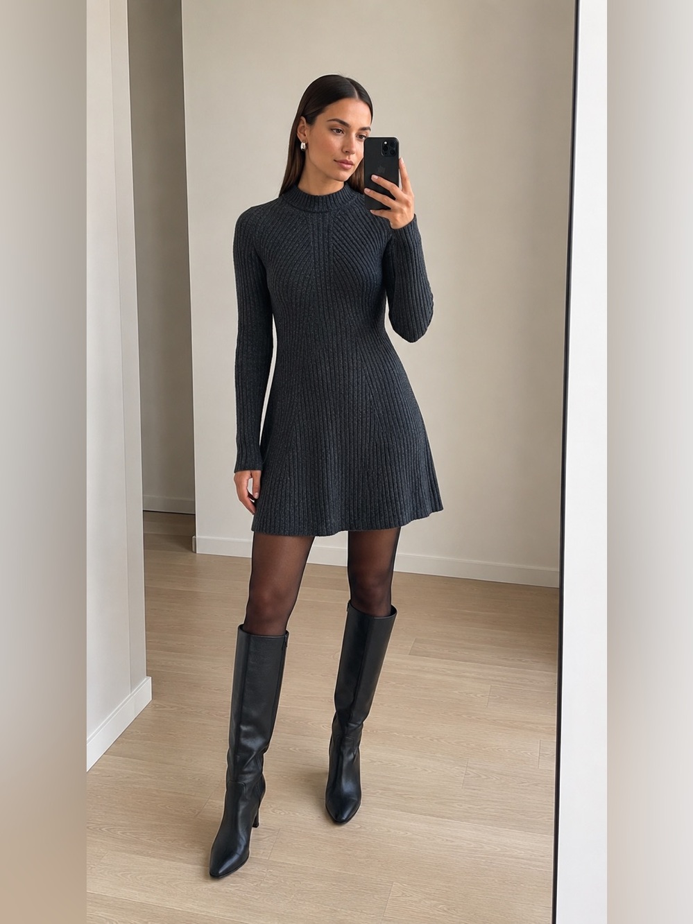 Theory Traveling Rib Charcoal Wool Cashmere Ribbed Sweater Mini Dress Size S